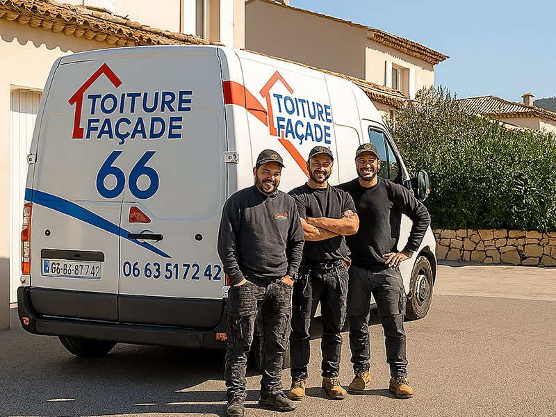 Trois couvreurs souriants se tiennent devant une camionnette blanche portant l&#039;inscription TOITURE FAÇADE 66, vêtus de vêtements de travail et de casquettes noirs. En tant que couvreur et façadier à Perpignan, ils posent devant un immeuble résidentiel ensoleillé et de la verdure en arrière-plan.